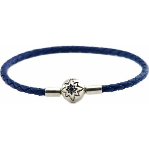 100% 925 Sterling-Silver-Jewelry Dark Blue Clasp Leather Bracelets Free Shipping