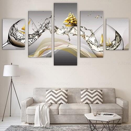 Prints 5 Pieces Wine Glass Golden Ship Painting on Canvas Modern Wall Decorative Posters Pictures Home Decor Artwork framed