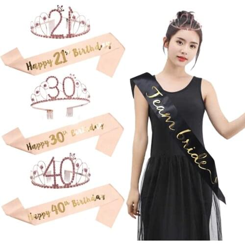 Birthday Party Decorations Bride To Be Sash Rose Gold Shoulder Birthday Ribbons Crystal Crown Tiara Anniversary Party Supplies