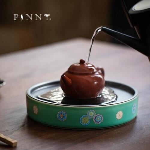 PINNY 700ML Handmade Decal Ceramic Kung Fu Tea Tray Alloy Disc Tea Board Retro Water Storage Container