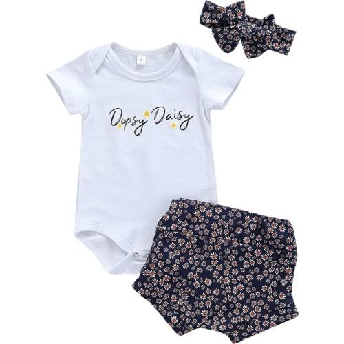 Baby Girls 3Pcs Clothes Set Round Collar Short Sleeve Romper High Waist Shorts and Headdress