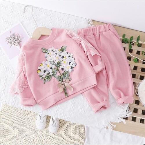Menoea Baby Girls Clothing Sets Beautiful Flowers Lace T Shirt Pants Toddler Infant Clothes Autumn Children Vacation Costume