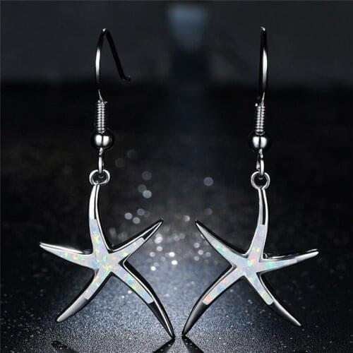 Cute Animal Sea Star Drop Earrings Luxury White Blue Green Opal Starfish Earrings For Women Vintage Silver Color Dangle Earrings