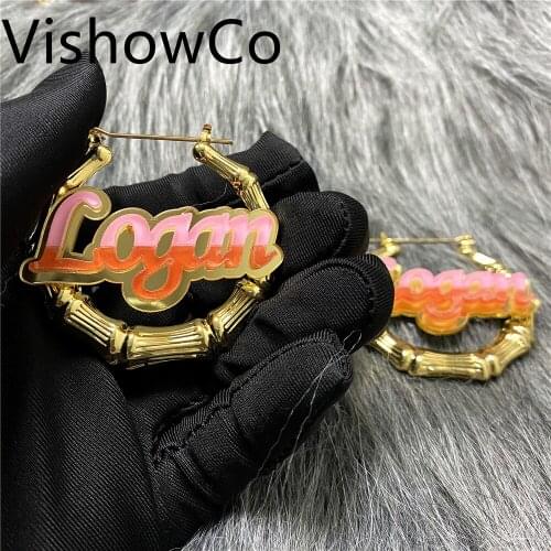 Fashion Domb Personalized Name Font Bamboo Hoop Earrings For Women Girls Acrylic Laser Custom Name Piercing Earrings Jewelry