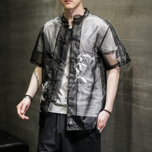 Summer 2021 Men Mesh Shirt See Through Mandarin Collar Asia Streetwear Chinese Style Tops Short Sleeve Sexy Casual Camisas 30505