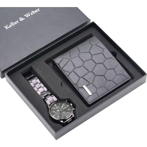 Fashion Men Wristwatch Wallet Set Quartz Watch Face Stainless Steel Strap Fold Buckle Leather Wallet Purse Gifts for Father Dad