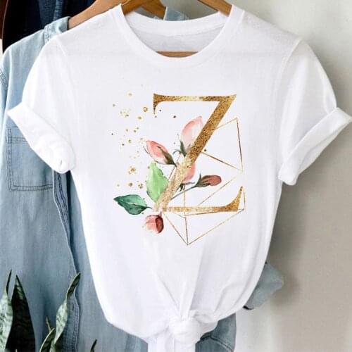 New Alphabet T Shirt Floral Geometric Gold Font A B C D Printed Tops Tee Female Summer Funny T-shirt Women Short Sleeve Tops Tee