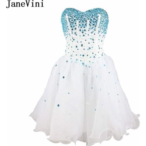 JaneVini Charming White Organza Crystal Beaded Short Bridesmaid Dresses A Line Sweetheart Backless Homecoming Dress for Girls