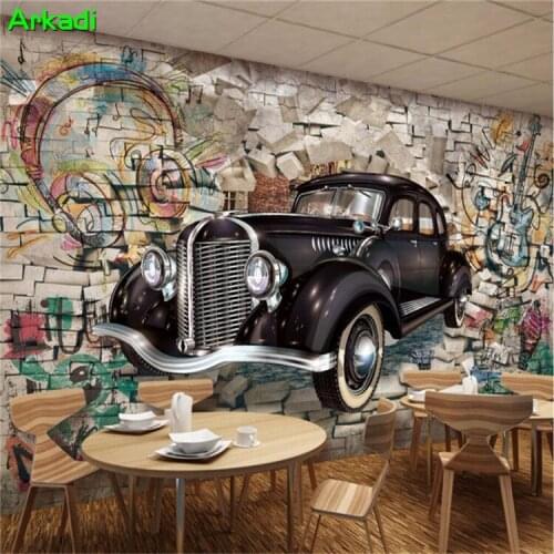 Custom Photo Wallpaper Mural Retro Vintage Car Graffiti Brick Wall 3D Restaurant Bar Mural Wall