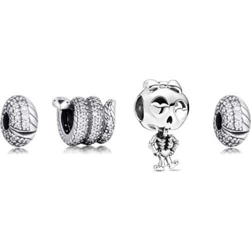 S925 Original Skeleton Girl Sparkling Wrapped Snake Pave Snake Chain Pattern Clip Charms Sterling Silver Beads Women Jewelry DIY
