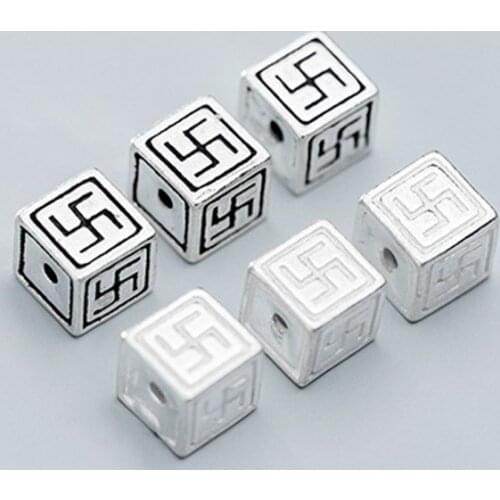 925 Sterling Silver Buddhism Symbol Square Loose Beads Vintage S925 Silver Charm Spacer Beads Fit Braiding Bracelets DIY Jewelry