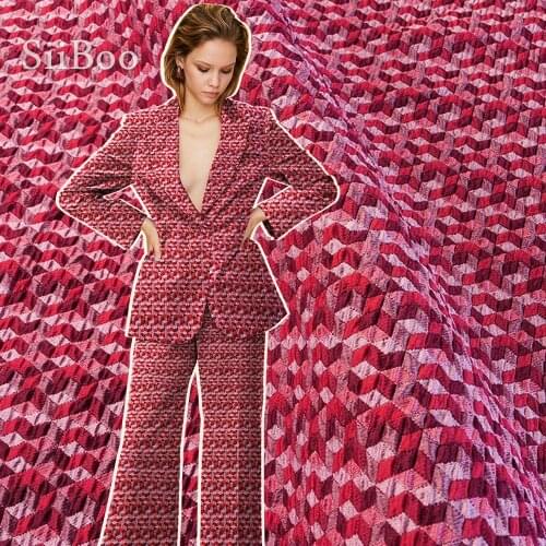 American style elegant red pink 3D plaid jacquard brocade fabric for dress coat jacquard tissue apparel tecidos yarn SP4987