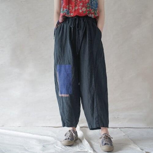 Johnature Women Vintage Loose Straight Pants Elastic Waist Linen Patchwork Color Trouser 2021 Summer New Belt Casual Pants