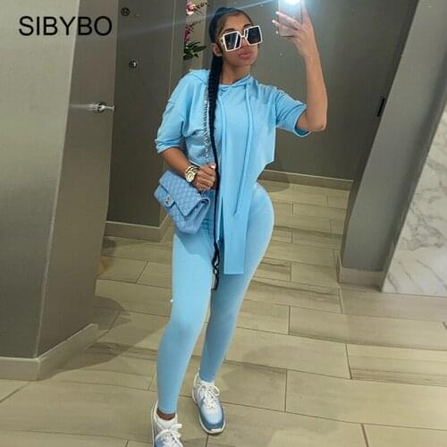 Sibybo Casual Two Piece Set Women Hooded Short Sleeve Crop Top And Legging Matching Sets Femme Streetwear Asymmetry Tracksuit