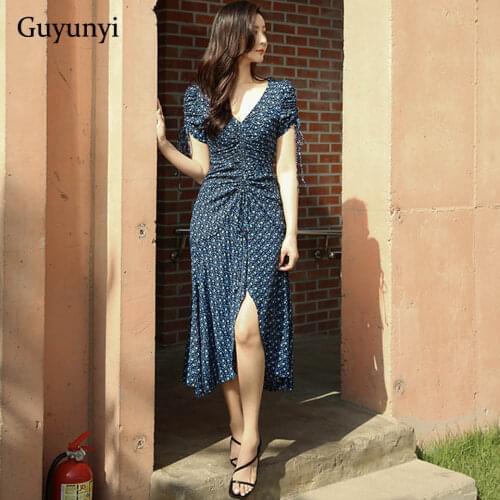 Blue Floral Bohemian Dress 2019 Summer Drawstring Folds And Waist Small Sexy V-Neck Leisurely Vacation Womens Dresses