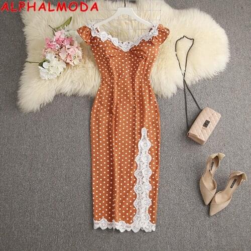 ALPHALMODA 2021 Summer New Beautiful Lace Trim Classical Polka Dot Step Dress Off-shoulder High Slit Sexy Botique Women Dresses