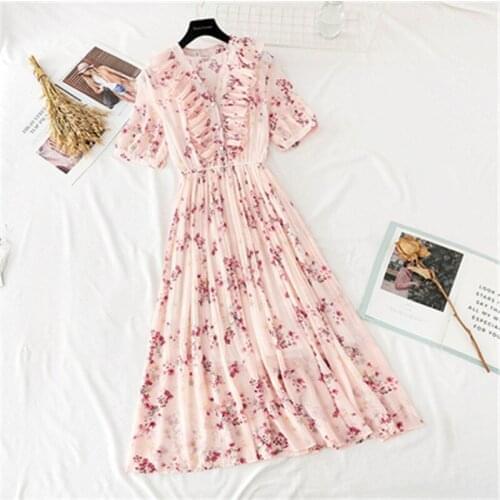 New Summer Women V-neck Pleated Dress Elastic waist Short sleeve Floral Print Chiffon Dress Casual Ruffles Midi Long dresses
