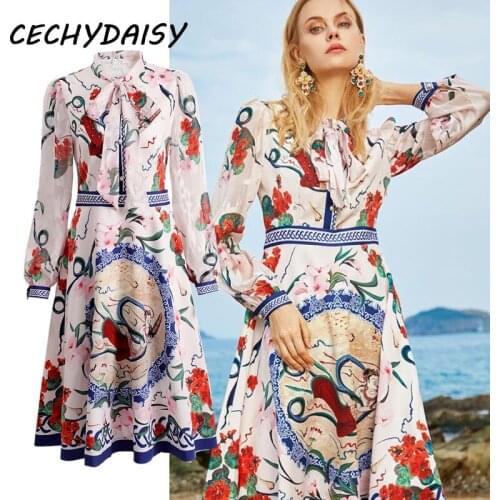 Luxury Brand Runway 2021 Dress Women High Street Vintage Floral Printed Bow Collor Lacu Up Knee Length Large Size Clothing Robe