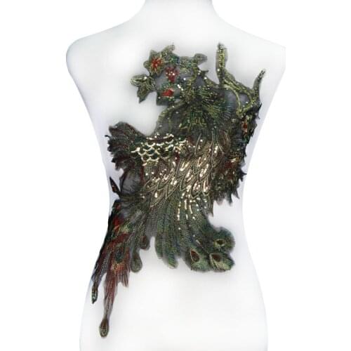 10piece Beaded Gold Sequin Peacock Tail Patches Lace Embroidery Applique Gold Metallic Fabric Patches Dress Decorated DIY T2248