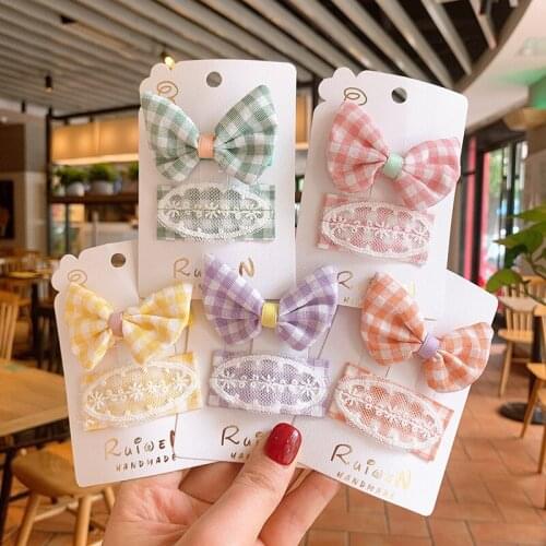 2pcs Children Bow Plaid Lace Hairpins Women Girl Sweet Hair Clips Pin Kid Hairgrips Hair Accessories Headwear Barrettes