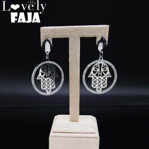 2021 Hamsa Hand Stainless Steel Crystal Studs Earings for Women Silver Color Earring Jewelry aretes de mujer 2021 E612750
