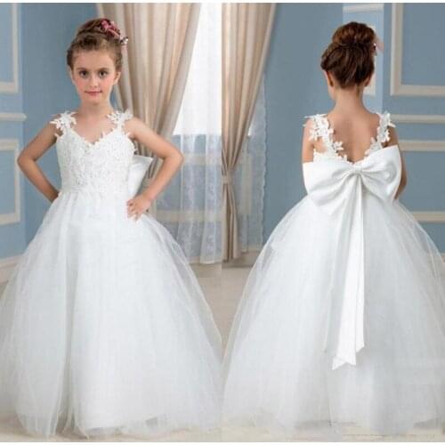 White Spaghetti Straps Flowr Girls Dresses Ball Gowns Girls Backless Bow Back Girls First Communion Birthday Party Dress Custom