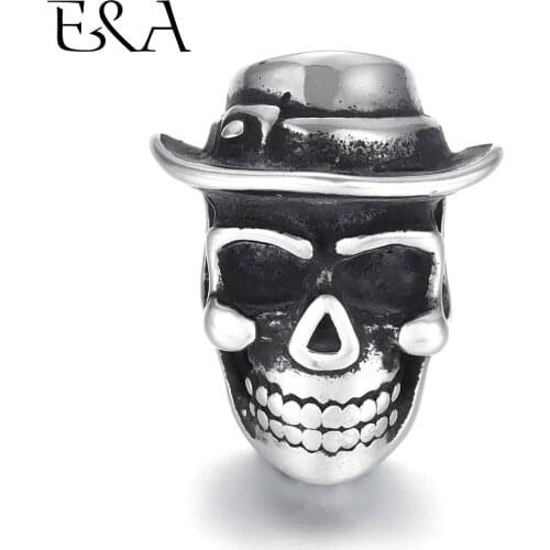 Stainless Steel Beads Cowboy Skull Large Hole 6mm Slide Charm Pendant DIY Men Bracelet Making Supplies Handmade Jewelry Findings