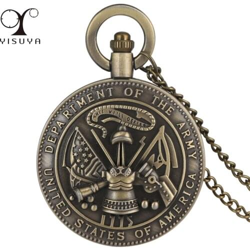 Engraved United States Department of The Army Symbol Antique Quartz Pocket Watch Bronze Sweater Chain Souvenir Pendant Clock