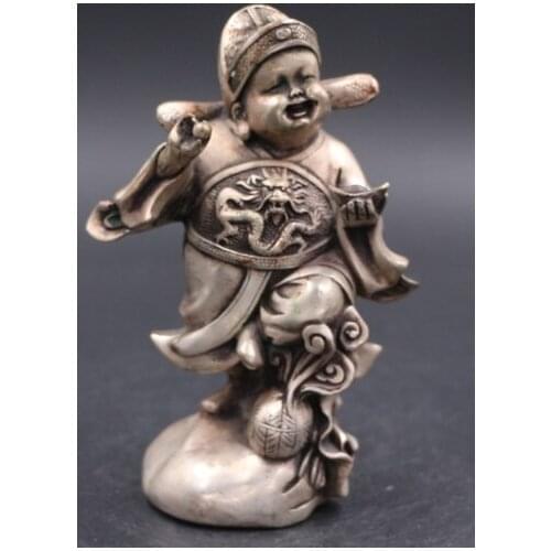 Chinese Folk Silver god of wealth Child Boy Lad Kid Statue