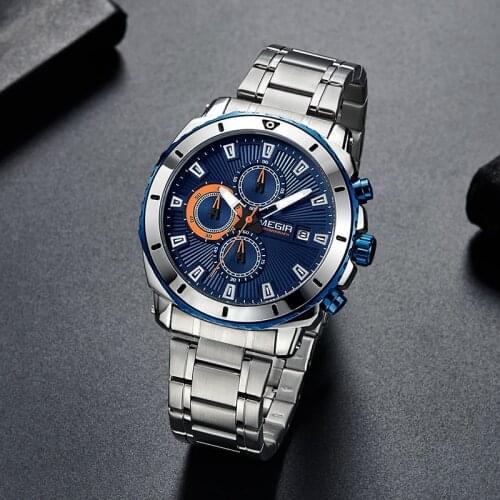 MEGIR Chronograph Quartz Men Watch Luxury Brand Stainless Steel Business Wrist Watches Men Clock Hour Time Relogio Masculino