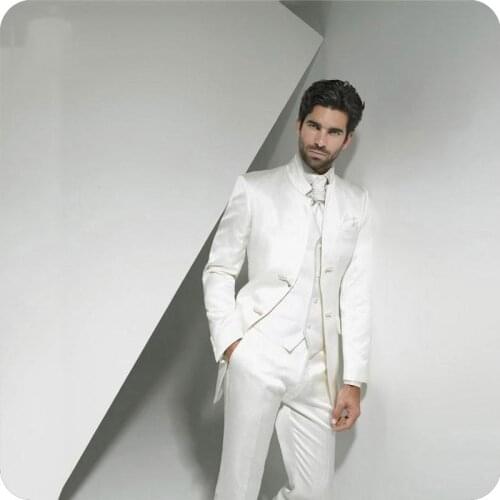 Mens Suits Designers 2019 Italian Ivory Men Suits 2018 Wedding Groom Tuxedo Stand Lapel Man Blazer 3Piece Jacket Costume Homme