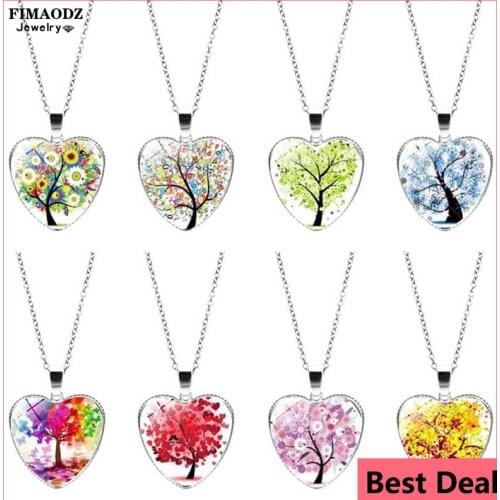 FIMAODZ Tree Of Life Necklace Men Women Colorful Trees Plant Art Picture Glass Cabochon Heart Pendant Chain Choker Jewelry Gift