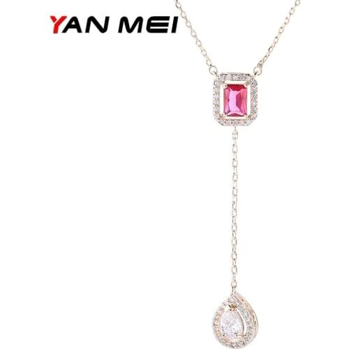 YANMEI CZ Square And Water Drop Necklaces & Pendants For Women Elegant Chain Long Wedding Gifts Fashion Jewelry YMD1308