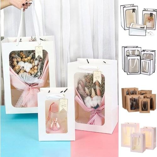 Paper Gift Bag with Clear Window Gift Toy Cloth Accessories Handbags Gifts Box Wedding Anniversary Fresh Flower Packing Bags