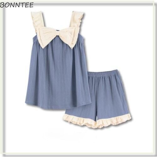 Pajama Sets Women Summer Sleeveless Sweet Cute Bow Elegant Edible Tree Fungus Solid Short Trousers Loose Oversize Korean Style