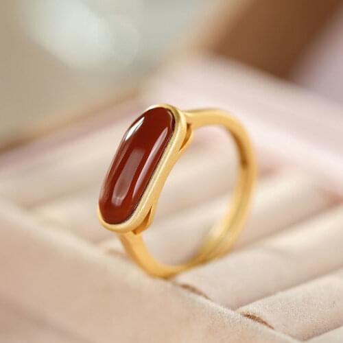 S925 Sterling Silver South Red Ring Gilding Natural South Red Agate Unique Creative Simple Temperament Open Ring Ornament