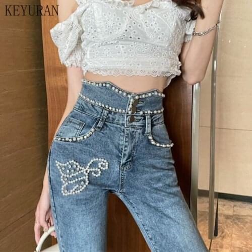 Sexy Boyfriend Traf Rhinestone Beaded Jeans Womens 2021 Summer New High Waist Stretch Slim Tight Skinny Denim Pencil Pants Girl