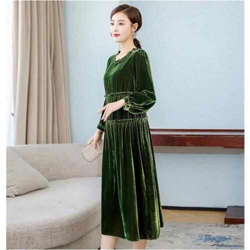 Korean Style Vintage Velvet Long Dress Autumn Full Sleeve Ruffles Elegant Womens Dress Pleated Party Plus Size Dress L-7XL