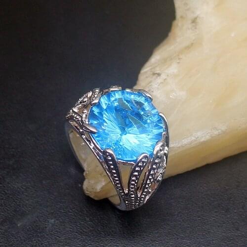 Gemstonefactory Jewelry Big Promotion Single Unique 925 Silver London Blue Topaz Round Shape Women Men Gifts Rings 8# 20213158