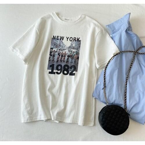 2020 White Cotton Shirts O-Neck Short Sleeve Vintage Print T Shirt Harajuku Tops For Women Summer Tees