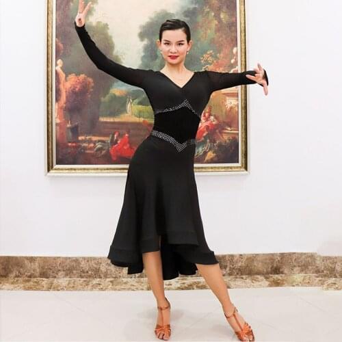 2020 New Latin Dance Dress Women T026 Long Sleeve V Neck Sexy Performance Costume Dancing Cloth Belly Chacha Ballroom Dresses