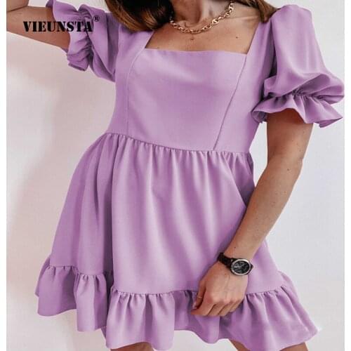 2021 New Summer Square Collar Unique Design Lantern Sleeve High Waist Ruffle Skirt Casual Splicing Folds Loose Solid Color Dress