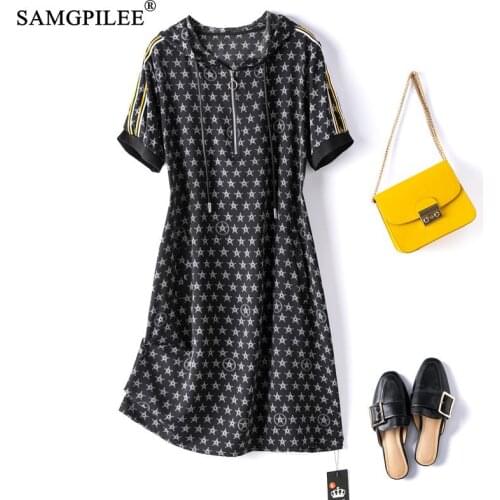 Summer Clothes For Women 2021 New Star Pattern Hooded Casual Chiffon Print Short Sleeve Mid-length Korean Style Women Dresses