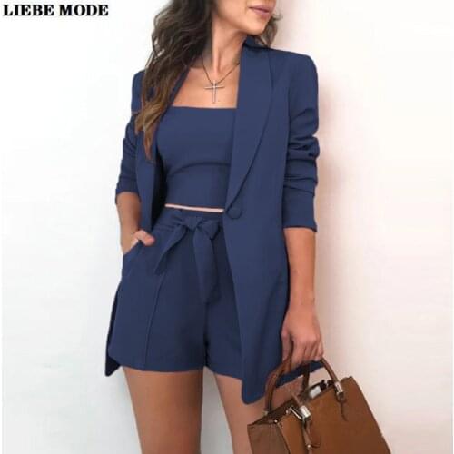 3 Piece Set Women Summer Suit Long Sleeve Blazer Crop Top Shorts Office Three Pieces Sets Streetwear Casual Short Pants Suits