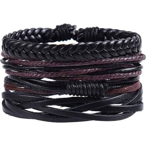 4pcs/set hippie punk black leather dark brown wax cord macrame knots wrap wide Bracelets Bangles for man handjewelry