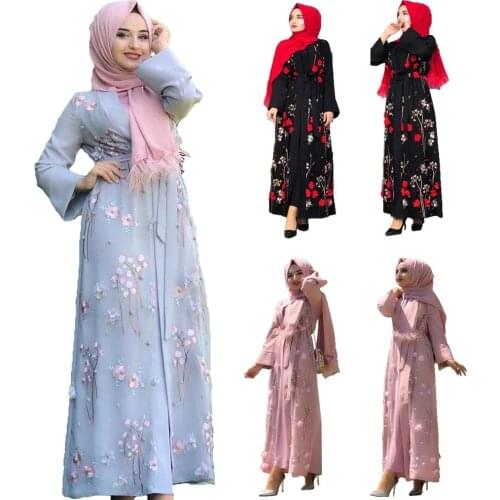 Abaya Women Muslim Open Cardigan Islam Clothing Long Robe Flower Embroidery Kaftan Dubai Gown Kimono Arab Turkish Dress Fashion