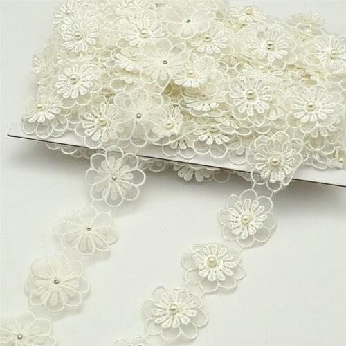 14yards White Embroidered 2-layer Flower Applique pearl beaded Core Lace Trim DIY wide 3.5cm