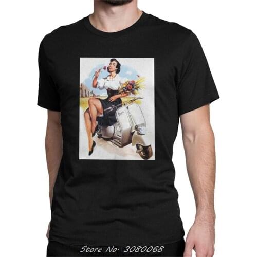 Vespa T Shirts Scooter Woman With Flowers And Loose Skirt Sitting On Small Motorcycle T-shirts Men Tee Shirt Cotton Tops