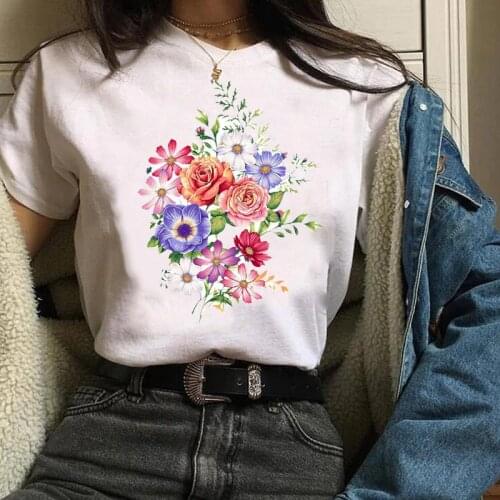 Women Tees Print Sweet Plant Printing Summer Autumn Floral Flower Clothes Lady Tops Clothing Lovely T Shirt Womens T-Shirt
