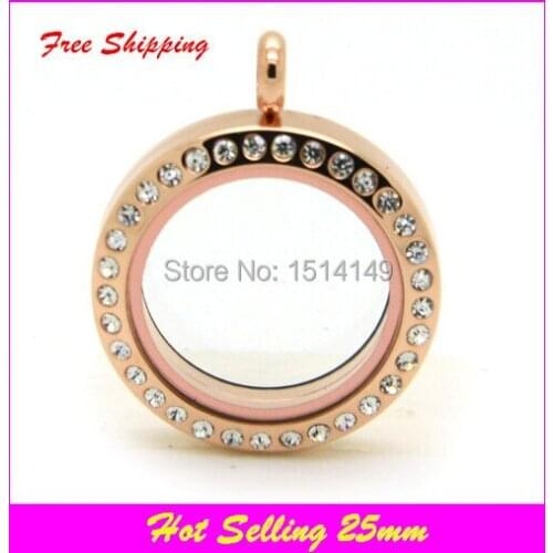 Hot Selling floating lockets glass rose gold screw rhinestone floating locket 25mm